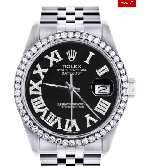 Diamond Mens Rolex Datejust Watch 16200 | 36Mm | Black Roman Numeral Dial | Jubilee Band