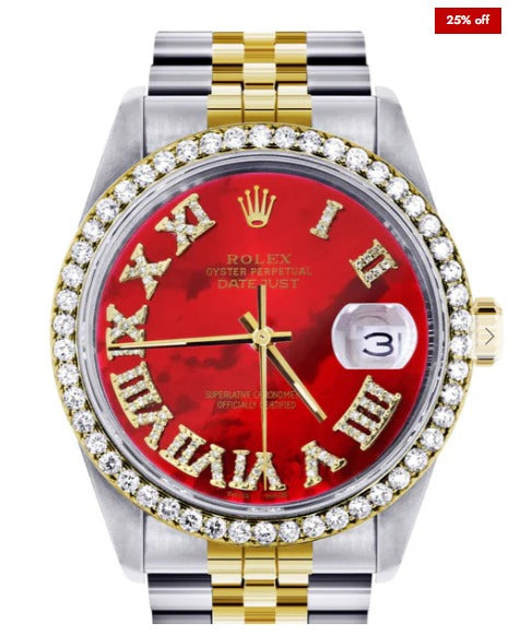 Gold &amp; Steel Rolex Datejust Watch 16233 for Men | 36Mm | Diamond Red Roman Dial | Jubilee Band