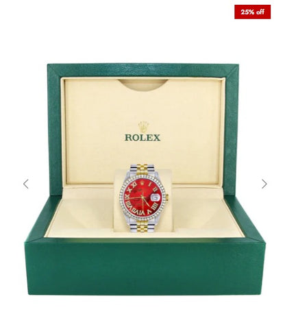 Diamond Mens Rolex Datejust Watch 16200 | 36Mm | Red Diamond Dial | Jubilee Band