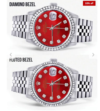 Diamond Mens Rolex Datejust Watch 16200 | 36Mm | Red Diamond Dial | Jubilee Band