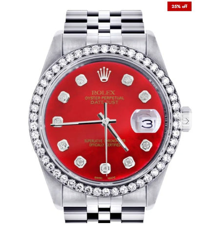 Diamond Mens Rolex Datejust Watch 16200 | 36Mm | Red Diamond Dial | Jubilee Band