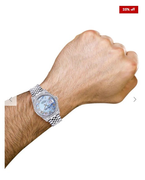 Diamond Mens Rolex Datejust Watch 16200 | 36Mm | Blue Mother Of Pearl Roman Numeral Dial | Jubilee Band
