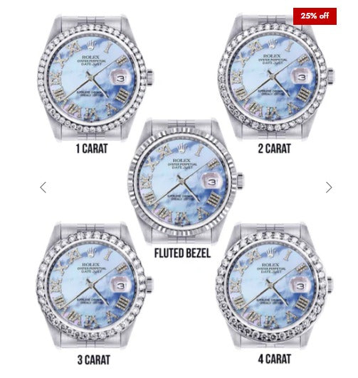 Diamond Mens Rolex Datejust Watch 16200 | 36Mm | Blue Mother Of Pearl Roman Numeral Dial | Jubilee Band
