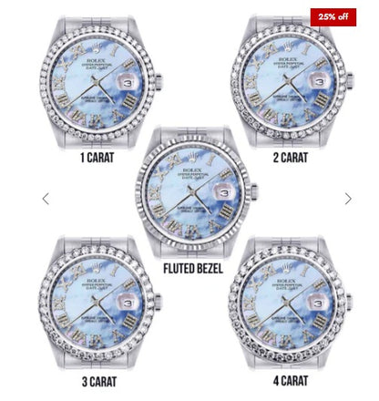 Diamond Mens Rolex Datejust Watch 16200 | 36Mm | Blue Mother Of Pearl Roman Numeral Dial | Jubilee Band