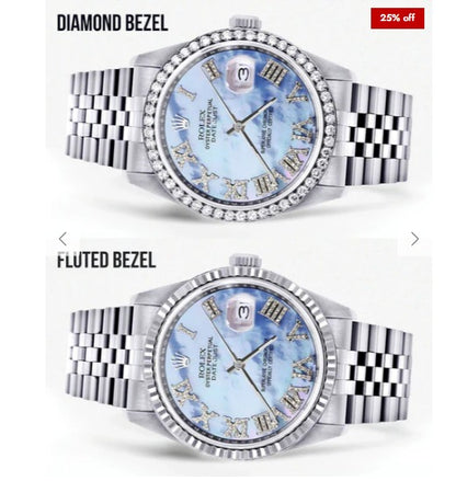 Diamond Mens Rolex Datejust Watch 16200 | 36Mm | Blue Mother Of Pearl Roman Numeral Dial | Jubilee Band