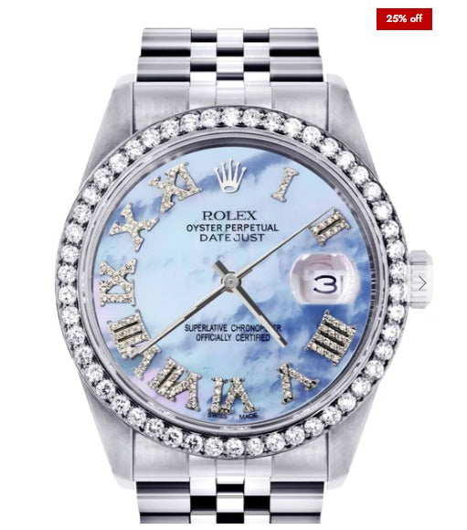 Diamond Mens Rolex Datejust Watch 16200 | 36Mm | Blue Mother Of Pearl Roman Numeral Dial | Jubilee Band
