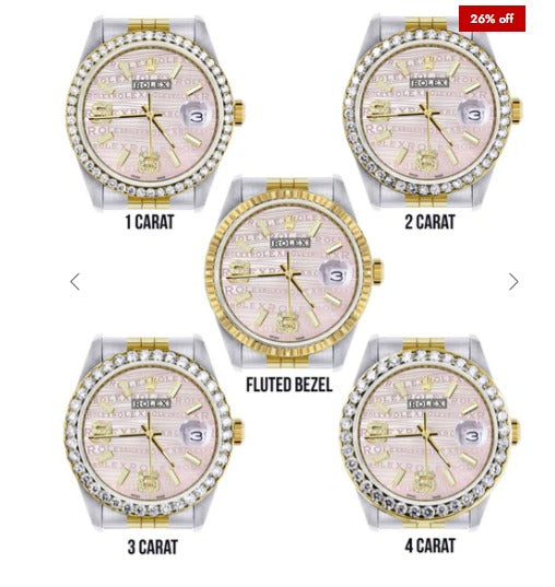 Gold &amp; Steel Rolex Datejust Watch 16233 for Men | 36Mm | Custom Diamond Pink Dial | Jubilee Band