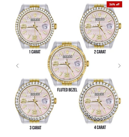 Gold &amp; Steel Rolex Datejust Watch 16233 for Men | 36Mm | Custom Diamond Pink Dial | Jubilee Band