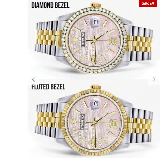 Gold &amp; Steel Rolex Datejust Watch 16233 for Men | 36Mm | Custom Diamond Pink Dial | Jubilee Band
