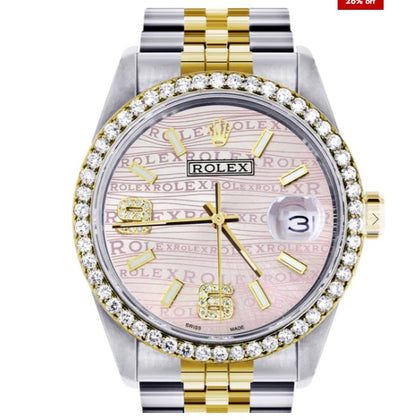 Gold &amp; Steel Rolex Datejust Watch 16233 for Men | 36Mm | Custom Diamond Pink Dial | Jubilee Band