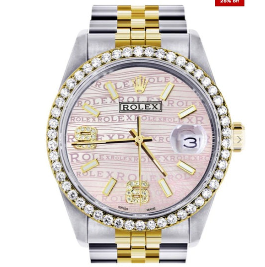 Gold &amp; Steel Rolex Datejust Watch 16233 for Men | 36Mm | Custom Diamond Pink Dial | Jubilee Band