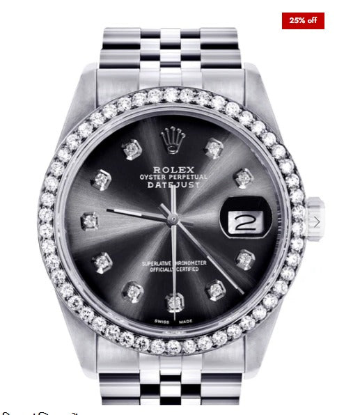 Diamond Mens Rolex Datejust Watch 16200 | 36Mm | Graphite Diamond Dial | Jubilee Band