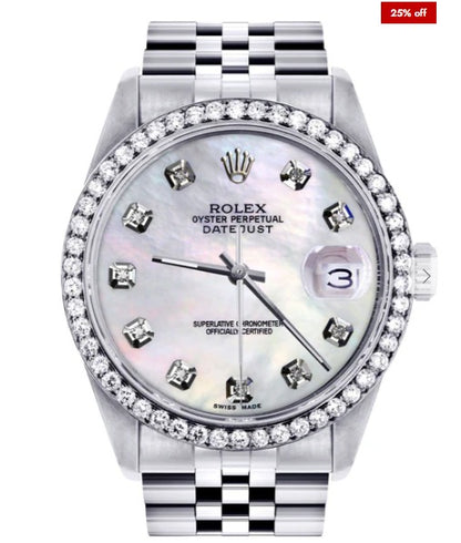 Diamond Mens Rolex Datejust Watch 16200 | 36Mm | White Mother Of Pearl Dial | Jubilee Band