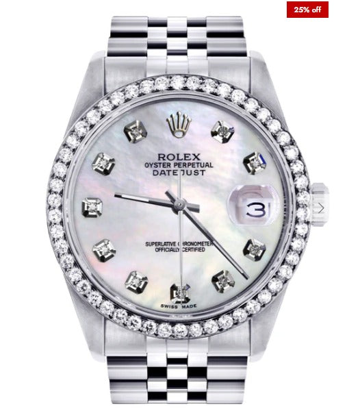 Diamond Mens Rolex Datejust Watch 16200 | 36Mm | White Mother Of Pearl Dial | Jubilee Band