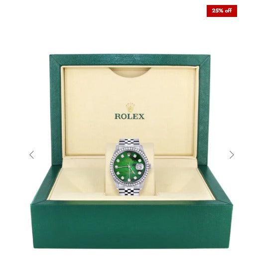 Diamond Mens Rolex Datejust Watch 16200 | 36Mm | Green Diamond Mother Of Pearl Dial | Jubilee Band