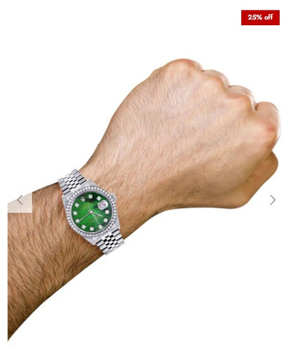 Diamond Mens Rolex Datejust Watch 16200 | 36Mm | Green Diamond Mother Of Pearl Dial | Jubilee Band