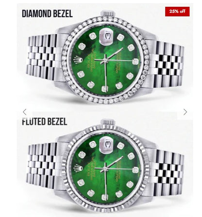 Diamond Mens Rolex Datejust Watch 16200 | 36Mm | Green Diamond Mother Of Pearl Dial | Jubilee Band