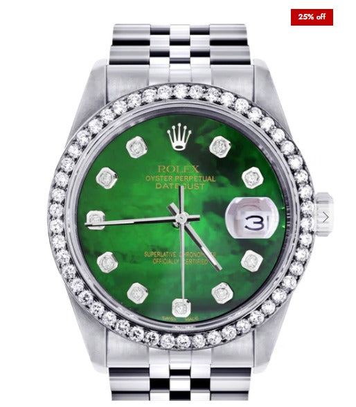 Diamond Mens Rolex Datejust Watch 16200 | 36Mm | Green Diamond Mother Of Pearl Dial | Jubilee Band