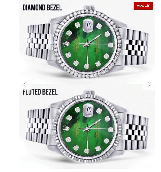 Diamond Mens Rolex Datejust Watch 16200 | 36Mm | Green Diamond Mother Of Pearl Dial | Jubilee Band