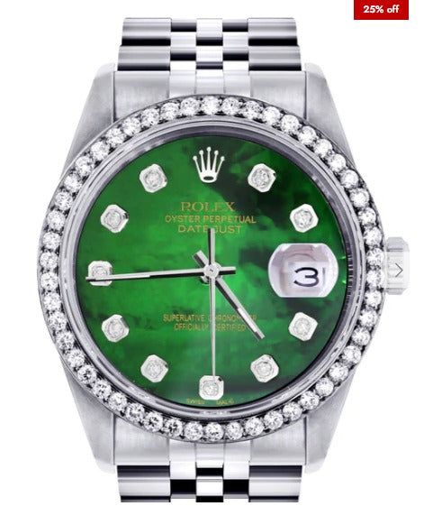 Diamond Mens Rolex Datejust Watch 16200 | 36Mm | Green Diamond Mother Of Pearl Dial | Jubilee Band