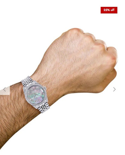 Diamond Mens Rolex Datejust Watch 16200 | 36Mm | Dark Mother Of Pearl Dial | Roman Numeral | Jubilee Band