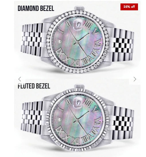Diamond Mens Rolex Datejust Watch 16200 | 36Mm | Dark Mother Of Pearl Dial | Roman Numeral | Jubilee Band