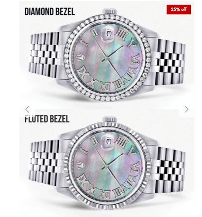 Diamond Mens Rolex Datejust Watch 16200 | 36Mm | Dark Mother Of Pearl Dial | Roman Numeral | Jubilee Band