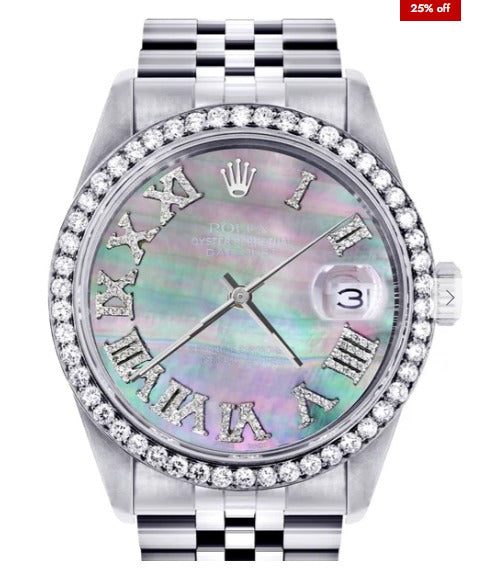 Diamond Mens Rolex Datejust Watch 16200 | 36Mm | Dark Mother Of Pearl Dial | Roman Numeral | Jubilee Band