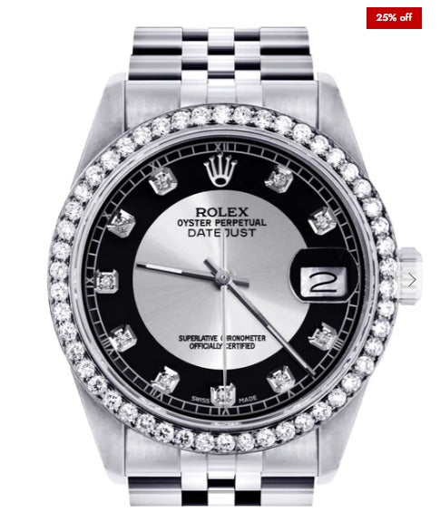 Diamond Mens Rolex Datejust Watch 16200 | 36MM | Tuxedo Diamond Dial | Jubilee Band