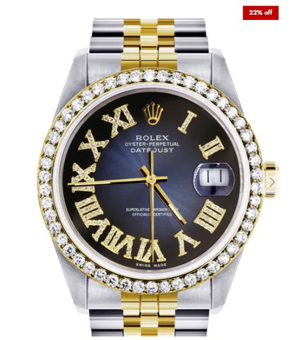 Gold &amp; Steel Rolex Datejust Watch 16233 for Men | 36Mm | Blue Black Roman Dial | Jubilee Band