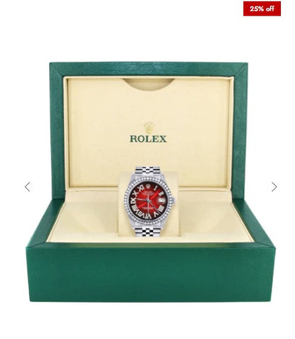 Diamond Mens Rolex Datejust Watch 16200 | 36Mm | Red Black Roman Numeral Dial | Jubilee Band