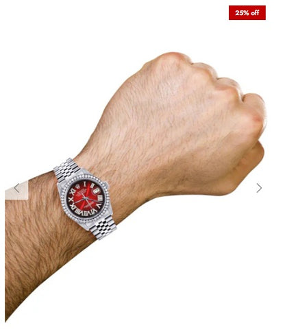 Diamond Mens Rolex Datejust Watch 16200 | 36Mm | Red Black Roman Numeral Dial | Jubilee Band