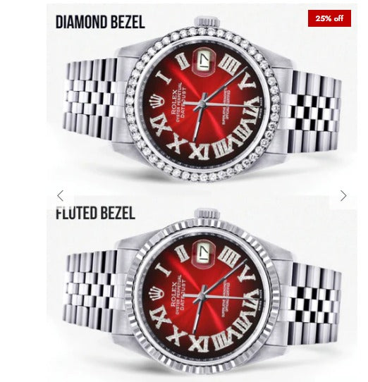 Diamond Mens Rolex Datejust Watch 16200 | 36Mm | Red Black Roman Numeral Dial | Jubilee Band