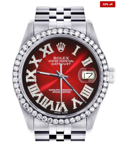 Diamond Mens Rolex Datejust Watch 16200 | 36Mm | Red Black Roman Numeral Dial | Jubilee Band