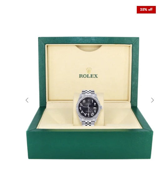 Diamond Mens Rolex Datejust Watch 16200 | 36 MM | Custom Arabic Diamond Dial | Jubilee Band | Diamond Bezel