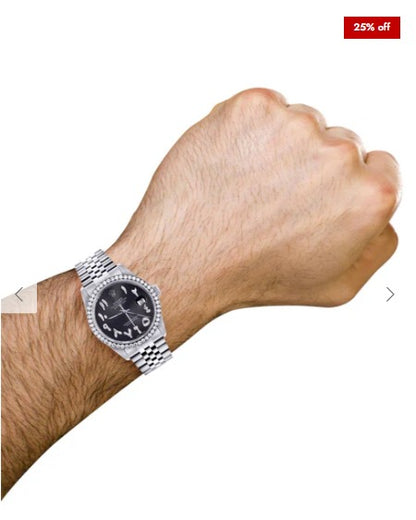 Diamond Mens Rolex Datejust Watch 16200 | 36 MM | Custom Arabic Diamond Dial | Jubilee Band | Diamond Bezel