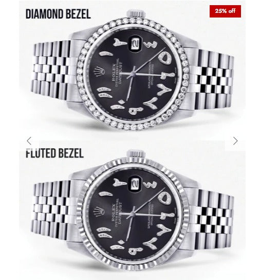 Diamond Mens Rolex Datejust Watch 16200 | 36 MM | Custom Arabic Diamond Dial | Jubilee Band | Diamond Bezel