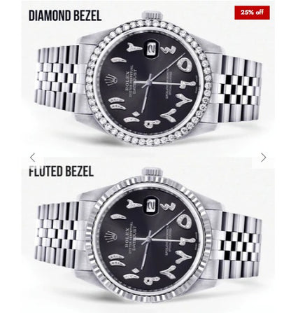 Diamond Mens Rolex Datejust Watch 16200 | 36 MM | Custom Arabic Diamond Dial | Jubilee Band | Diamond Bezel