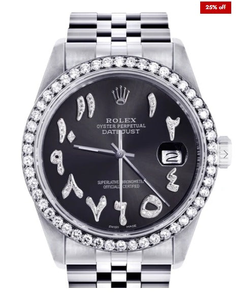 Diamond Mens Rolex Datejust Watch 16200 | 36 MM | Custom Arabic Diamond Dial | Jubilee Band | Diamond Bezel