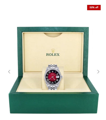 Diamond Mens Rolex Datejust Watch 16200 | 36Mm | Diamond Red Roman Numeral Dial | Jubilee Band