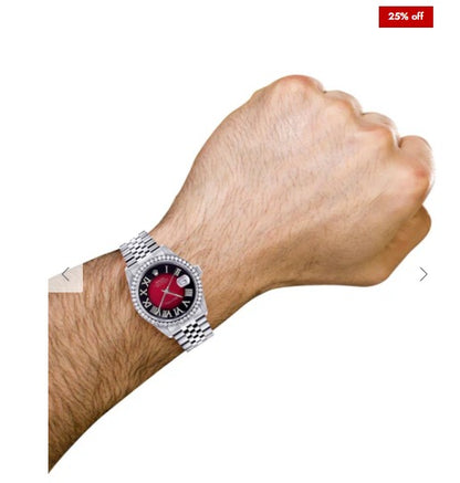 Diamond Mens Rolex Datejust Watch 16200 | 36Mm | Diamond Red Roman Numeral Dial | Jubilee Band
