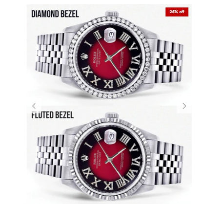 Diamond Mens Rolex Datejust Watch 16200 | 36Mm | Diamond Red Roman Numeral Dial | Jubilee Band