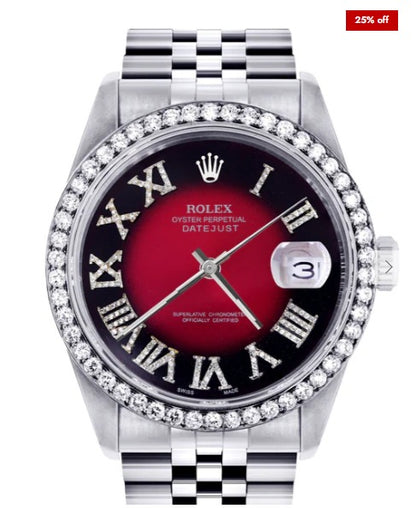 Diamond Mens Rolex Datejust Watch 16200 | 36Mm | Diamond Red Roman Numeral Dial | Jubilee Band