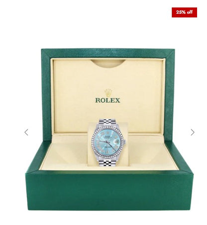 Diamond Mens Rolex Datejust Watch 16200 | 36Mm | Light Blue Roman Numeral Dial | Jubilee Band