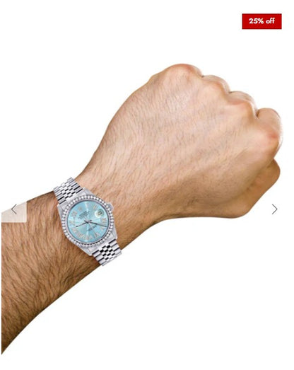 Diamond Mens Rolex Datejust Watch 16200 | 36Mm | Light Blue Roman Numeral Dial | Jubilee Band