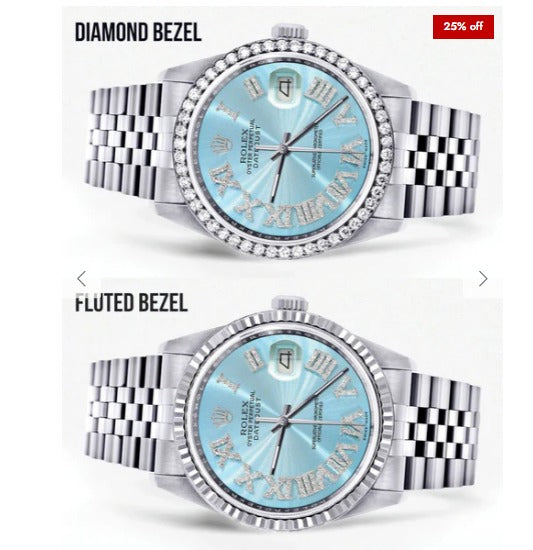 Diamond Mens Rolex Datejust Watch 16200 | 36Mm | Light Blue Roman Numeral Dial | Jubilee Band