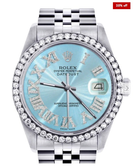 Diamond Mens Rolex Datejust Watch 16200 | 36Mm | Light Blue Roman Numeral Dial | Jubilee Band