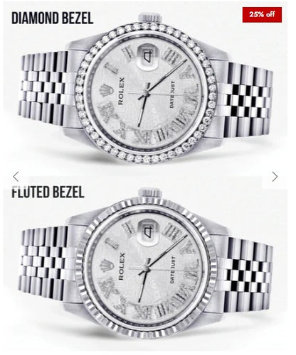Diamond Mens Rolex Datejust Watch 16200 | 36Mm | Diamond Rolex Textured Roman Numeral Dial | Jubilee Band