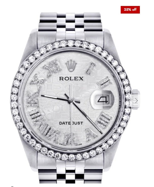 Diamond Mens Rolex Datejust Watch 16200 | 36Mm | Diamond Rolex Textured Roman Numeral Dial | Jubilee Band