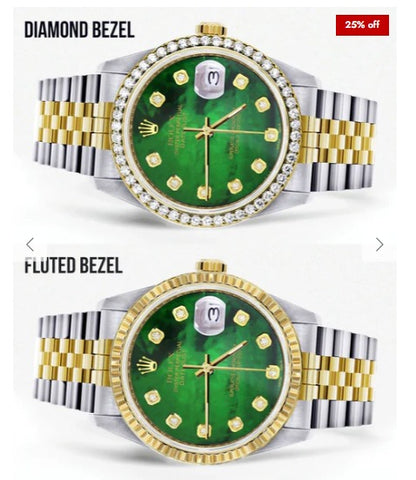 Diamond Rolex Datejust for Men 16233 Two Tone | 36MM | Green Diamond Mother Of Pearl Dial | Jubilee Band